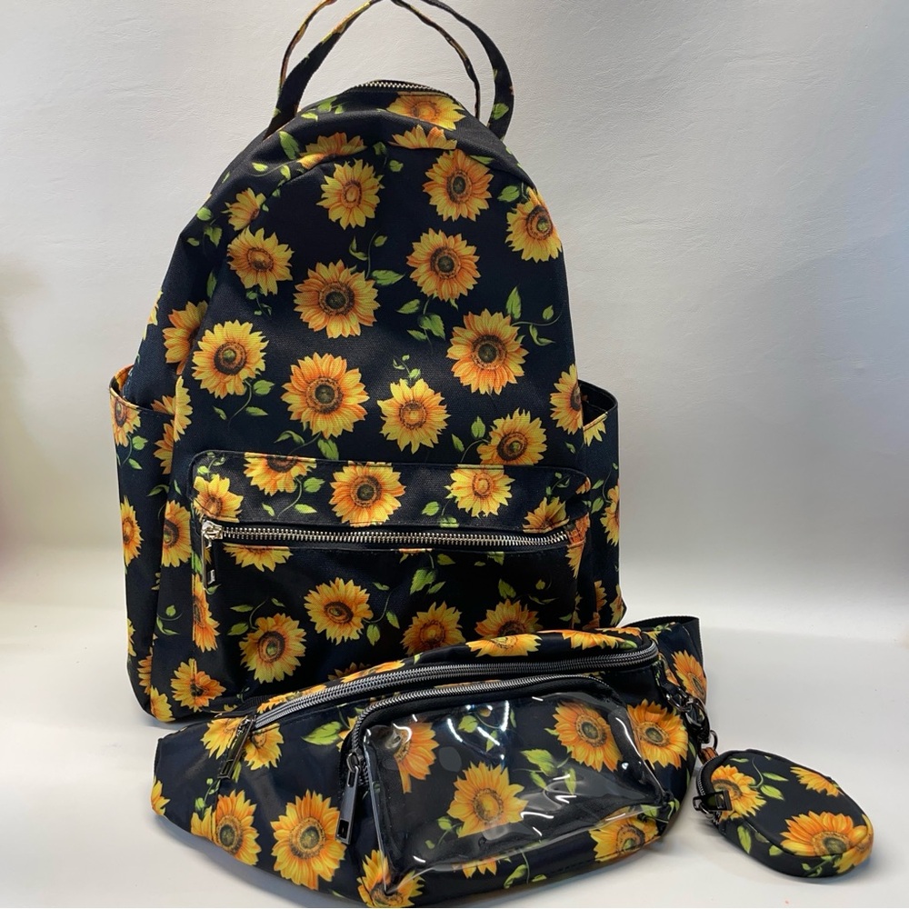 Sunflower Print Backpack, Fan y Pack and Coin Purse Set